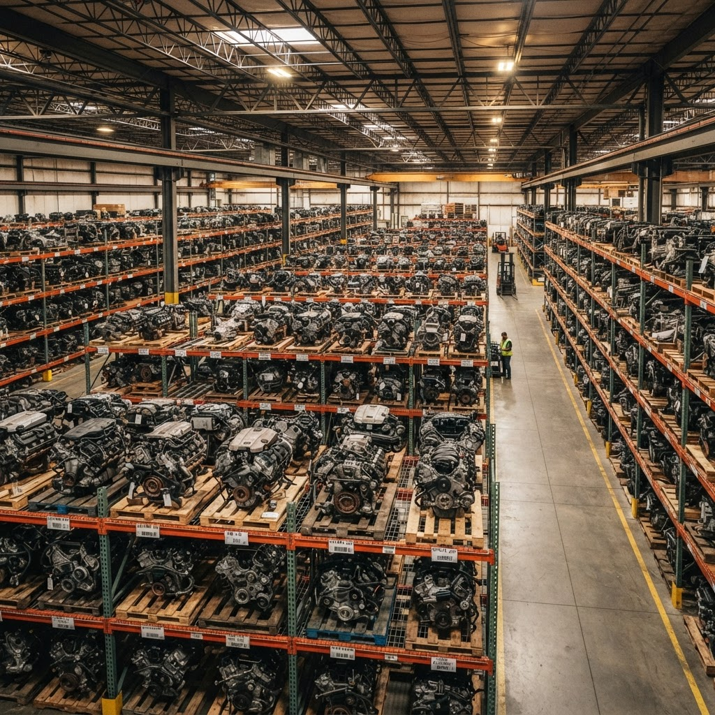 Used engines in industrial warehouse